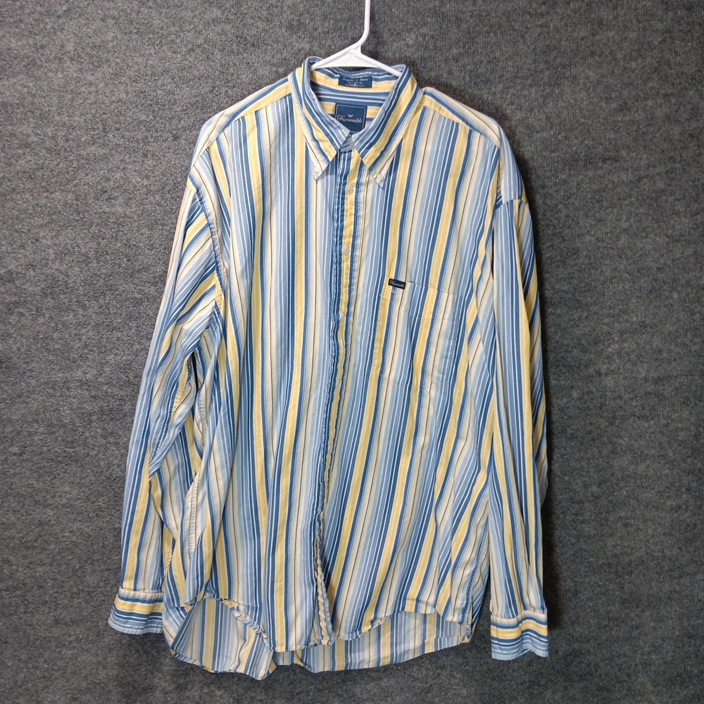 Faconnable Mens 2XL Striped Button Down Shirt Blue Yellow Chest Pocket USA Made